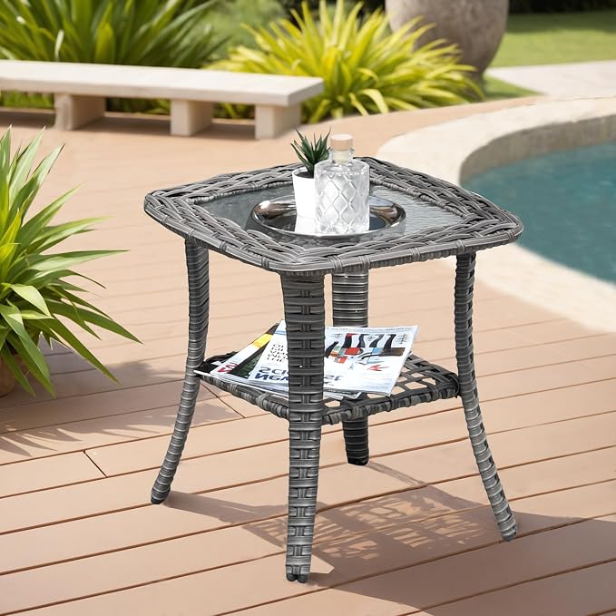 ovios Outdoor Side Table with Tempered Glass Top, Patio Wicker Rattan 2-Tier Storage Coffee End Tables for Porch Deck Balcony Garden Poolside (Grey-Small Size)