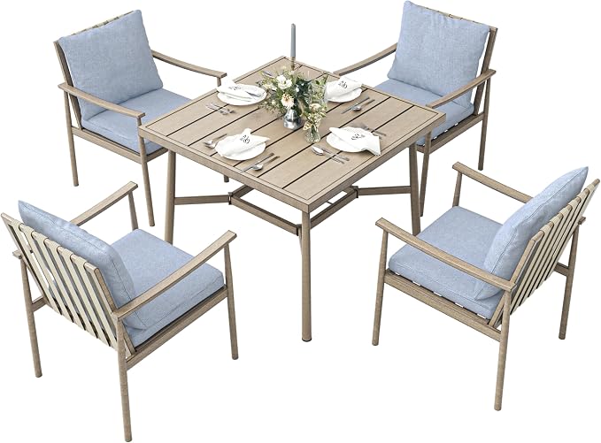 5-Piece Outdoor Dining Set for 4, Aluminum Patio Dining Set with Cushions, 4 Dining Chairs with Rope Backrest, Square Table with Umbrella Hole, Patio Dining Set for Lawn Porch Backyard, Grey