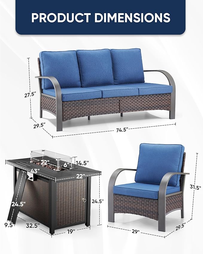 HUMMUH Wicker Patio Furniture Set with Fire Pit-Outdoor Wicker Chairs Set of 2 with Outdoor Patio Couch Outdoor Furniture Sets for Deck Porch Garden Poolside Backyard-Brown/Blue