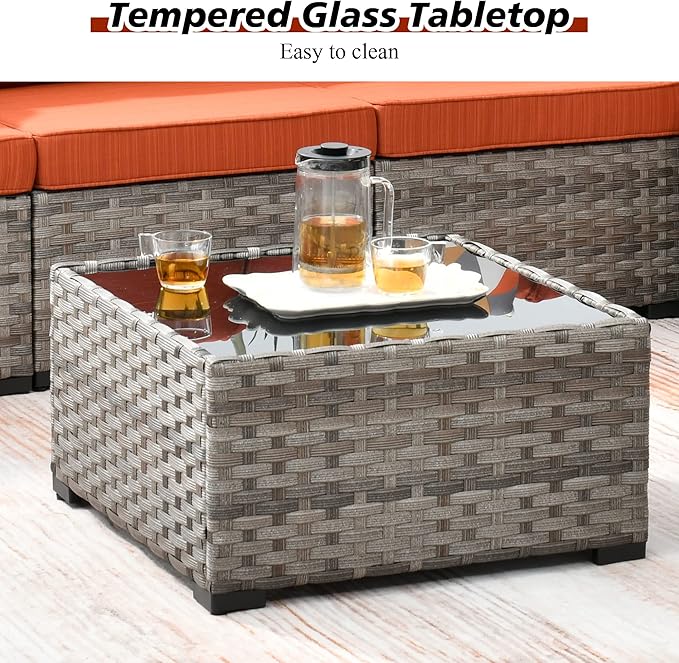 HOOOWOOO Outdoor Patio Sectional Furniture Sofa Set with Propane Fire Pit Table,13 Piece Large Modern Wicker Couch with Widened Armrest,Modular L Shaped Conversation Seating Set(Orange Red)
