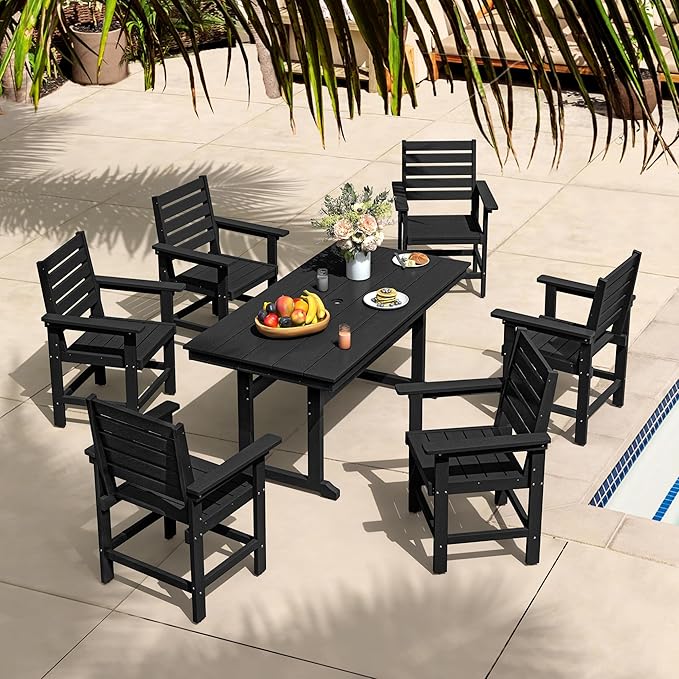 7 Piece Patio Dining Set, 66" Rectangle HDPE Weather Resistant Outdoor Table & 6 Patio Chairs Set with 1.96" Umbrella Hole, Heavy Duty Chairs for Backyard Balcony Deck, Black