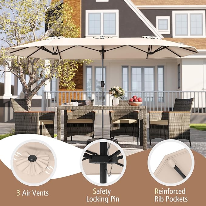 Tangkula 13FT Double-sided Patio Umbrella, Extra Large Twin Table Umbrella with Crank Handle, Umbrella Base, Safety Lock, Air Vent, Outdoor Market Umbrella for Garden Pool Backyard (Beige)