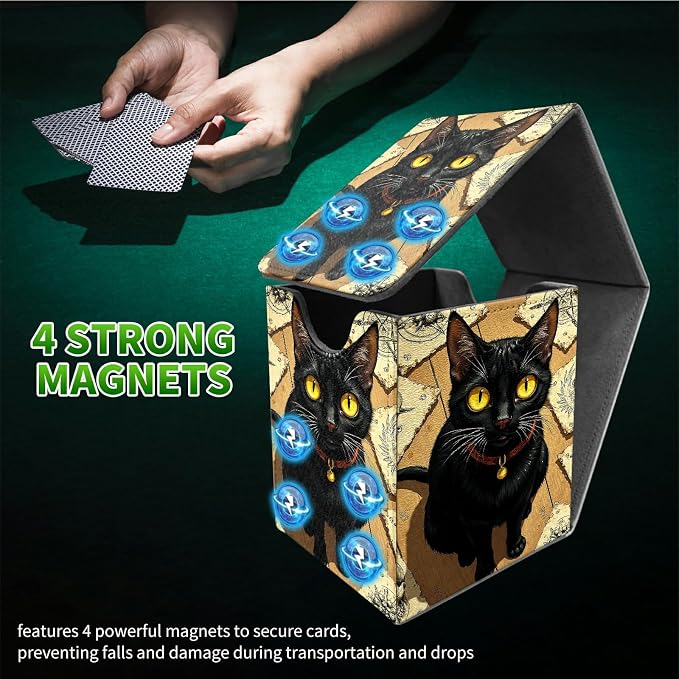 Yellow Eyed Cat Card Deck Box for MTG, Personalized Card Storage Case Fits 120+ Sleeved Cards, Premium Leather TCG Box with Strong Magnetic Closure for Magic, CCG, PTCG, Baseball Cards