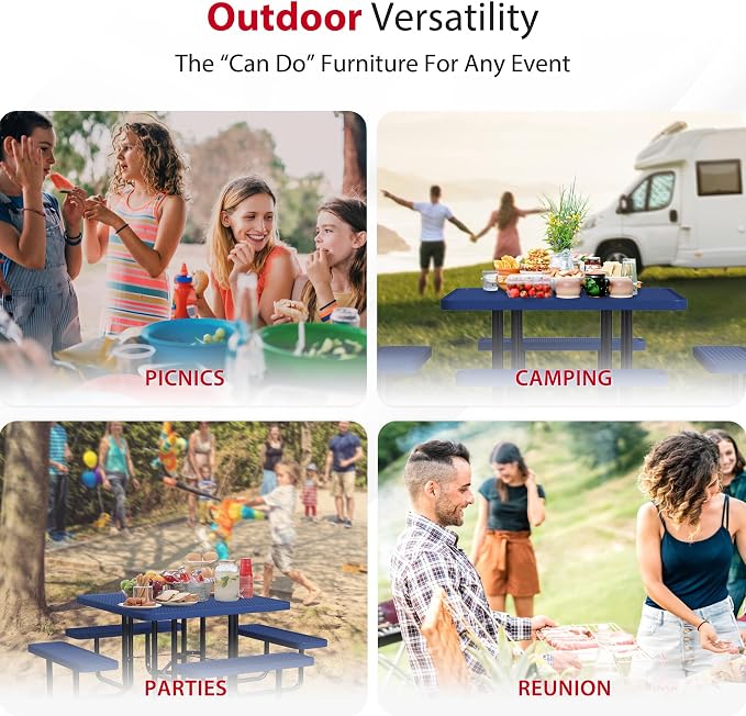Leisure Craft Metal Picnic Table with Bench - 46" Square Outdoor Dining Table for 8 with Umbrella Hole, Weatherproof Heavy Duty Thermoplastic Coating, Commercial Grade Furniture Made in USA - Navy