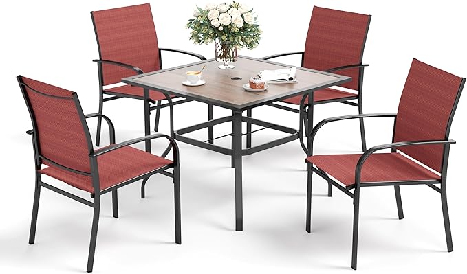 SUNSHINE VALLEY 5 Piece Patio Dining Set for 4, 37'x37' Square Table with Umbrella Hole and 4 Metal Chairs, Outdoor Table and Chairs Set for Lawn, Backyard and Deck, Red