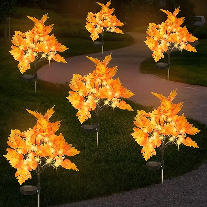 2 Packs Solar Prelit Fall Tree Lights for Outdoor Thanksgiving Decorations, 2 Modes Thanksgiving Solar Lights, Waterproof Maple Tree Solar Fall Lights for Fall Yard Patio Garden