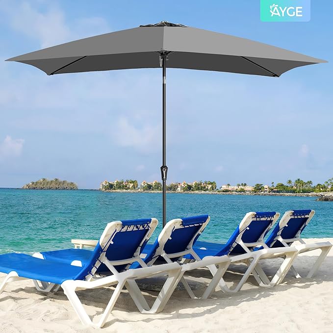 Ayge 6.5x10FT Rectangular Patio Umbrella Outdoor Table Umbrella w/Push Button Tilt & Crank Rectangle Market Umbrella UV Protection for Garden,Deck,Lawn,Yard & Pool,Grey
