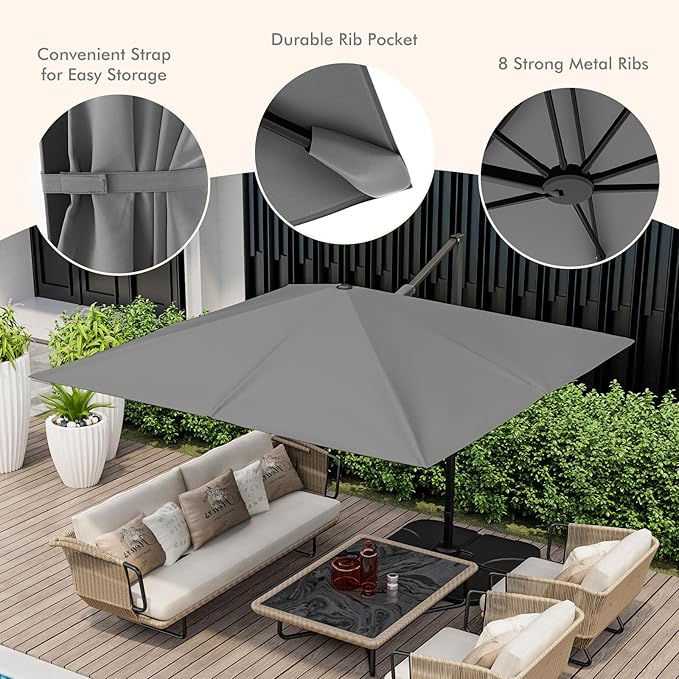 Tangkula 9.5 FT Cantilever Patio Umbrella, Outdoor Square Offset Umbrella with 360°Rotation, Heavy Duty Patio Hanging Umbrella with Cross Base for Garden Deck Pool Backyard (Grey)
