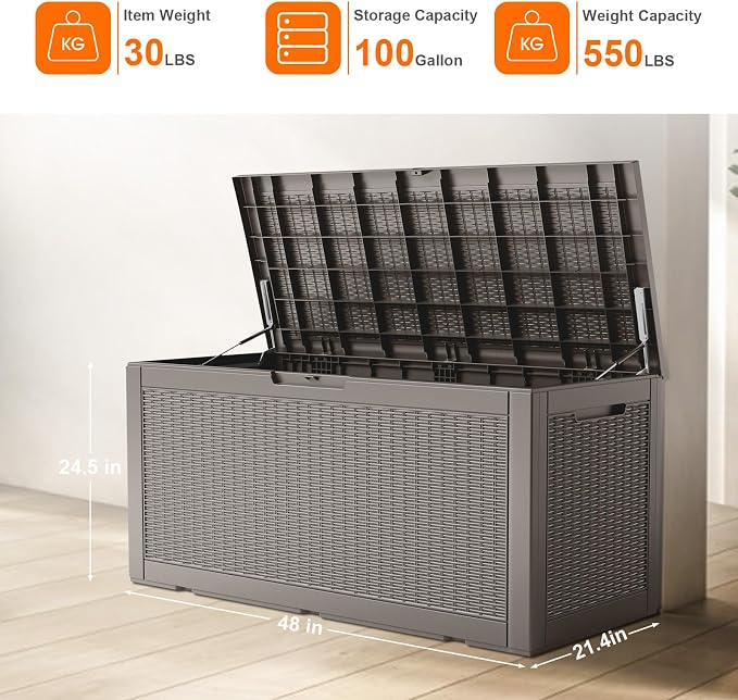 125 Gallon Outdoor Storage Box, Large Waterproof UV Resistant Deck Box, Lockable Storage Container for Patio Furniture Cushions Garden Tools and Pool Accessories(Grey, 125 Gallon)