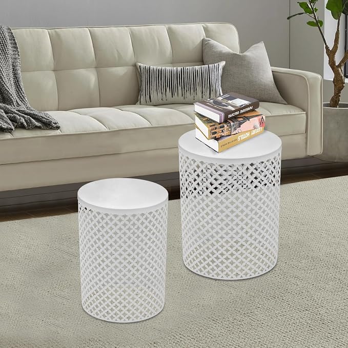 2PCS Outdoor Side Table, Modern End Table Cylindrical Metal Frame Accent Table, Metal Frame Accent Table for Gardens, Balconies, Bedrooms, Living Rooms (White)