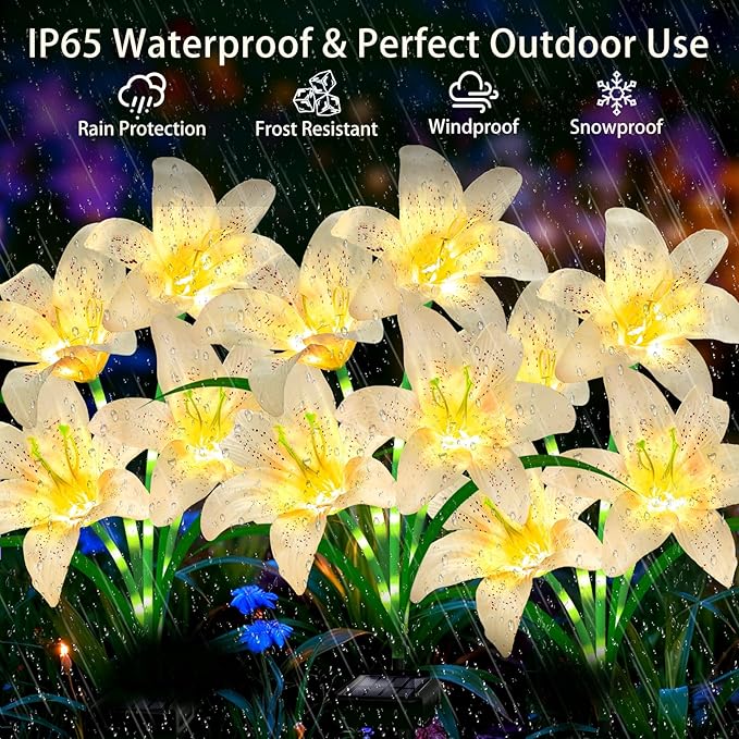 Solar Lights Outdoor, Gift for Women Mom Grandma Wife Daughter, 2 Pack 8 Solar White Lily Flower Lights, Solar Flower Lights Waterproof, Outside Decor Stake Light for Landscape Yard Patio Lawn Garden