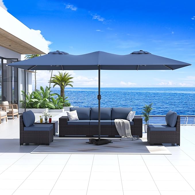 Kullavik 15FT Outdoor Patio Umbrella,Large Umbrella with 10 Heavy iron rib,sun umbrella with Crank Handle,Parasol for Poolside,Beach,Backyard,Navy Blue
