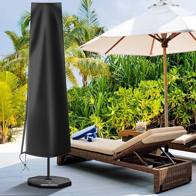 OKPOW Patio Umbrella Cover for 9ft to 12ft Outdoor Umbrellas - 420D Waterproof Garden Market Umbrella Cover Outside Parasol Covers with Zipper for Deck Pool Beach Umbrellas, Black