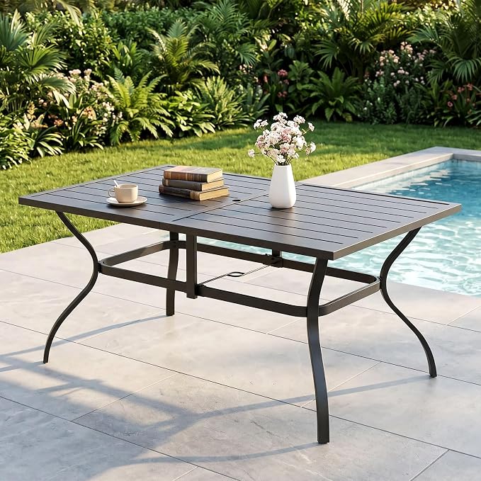 PHI VILLA Outdoor Dining Table for 6, 60" Long Rectangular Metal Wrought Iron Table with Umbrella Hole, All-Weather Large Furniture for Patio, Backyard, Porch