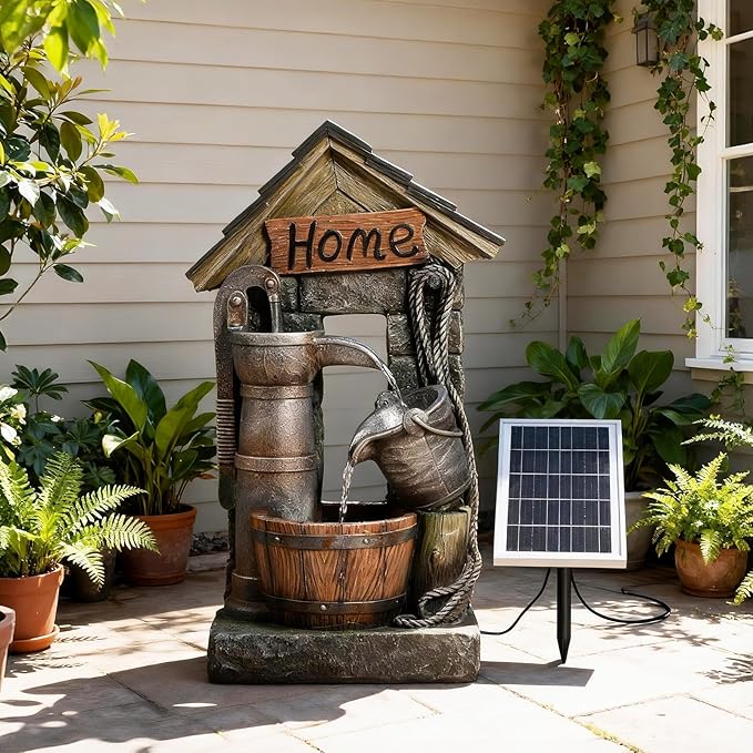 Solar Outdoor Water Fountain with Pump and Water Well 28.7 Inch High Rustic Barrel Cascading Waterfall Fountain, 3-Tier Garden Water Feature for Patio, Backyard, Yard & Outdoor Decor