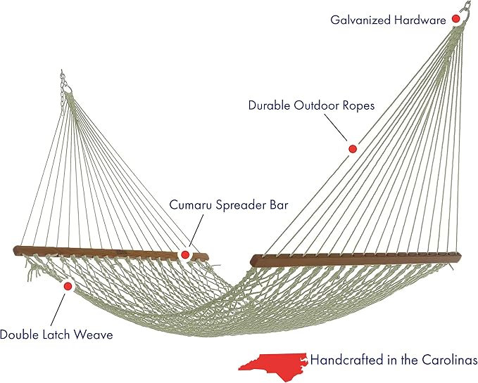 Nags Head Hammocks Captain Meadow Duracord Rope Hammock with Free Extension Chains & Tree Hooks, Handcrafted in The USA, Accommodates 2 People, 450 LB Weight Capacity, 13 ft. x 55 in.