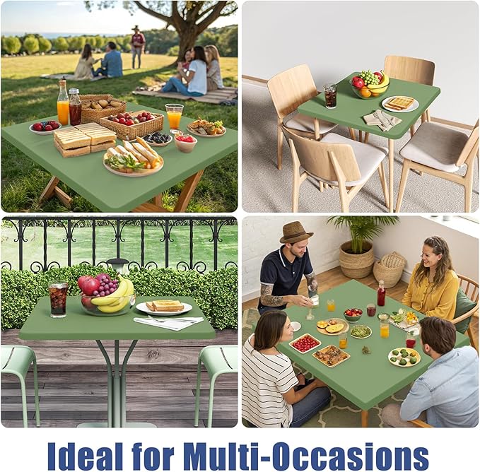 Moosfor Spandex Picnic Table Cloth 2 Pack, Elastic Fitted Tablecloths for Square Tables, Stretch Washable Patio Table Cover for Outdoor, Camping, Banquet and Parties (Sage Green, 34"x34")