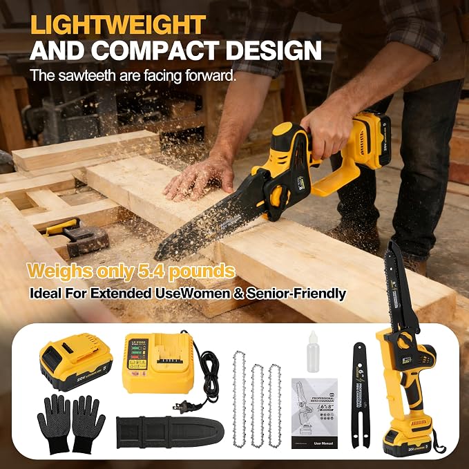 2026 Upgraded 8-Inch Brushless Cordless Chainsaw with 6-Inch & 8-Inch Guide Plates, Compatible for Dewalt 20V MAX Battery (5.0Ah Included), Tool-Free Chain Tensioning & Automatic Lubrication System