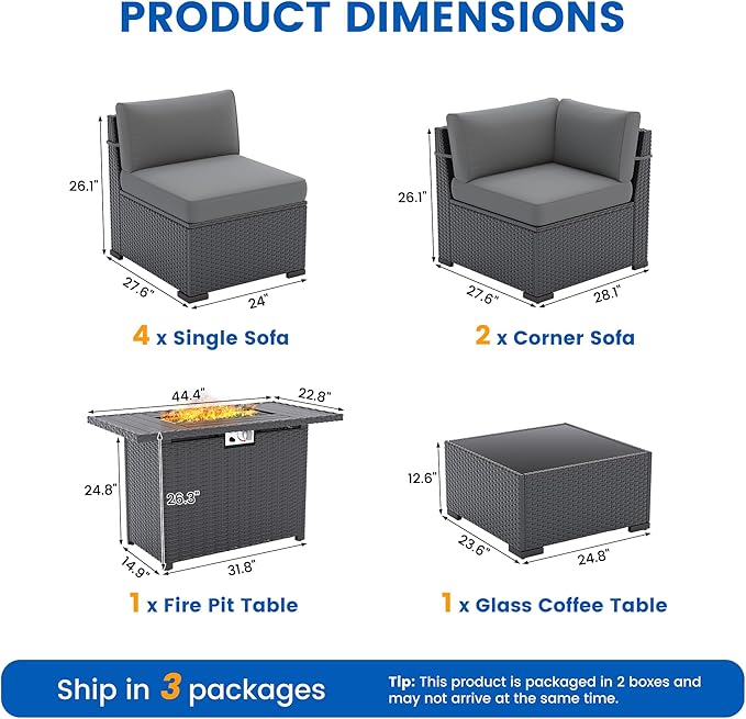 8 Piece Patio Furniture Set with 44” Fire Pit Table All-Weather Wicker Conversation Sectional Sofa & Coffee Table with Thickened Cushions for Backyard, Garden(Grey)