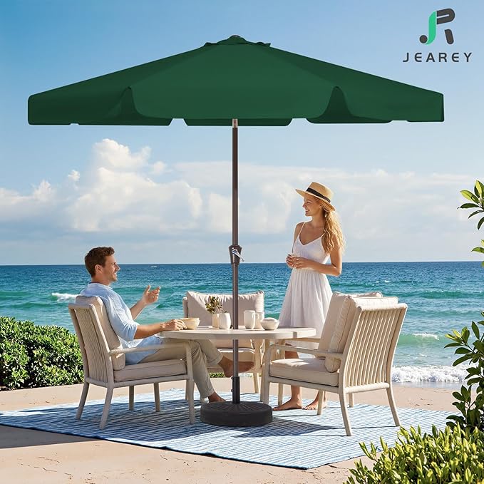 JEAREY 9 FT Patio Umbrella Outdoor, Table Umbrellas Market Umbrella w/Push Button Tilt/Crank, 8 Sturdy Ribs(Dark Green)