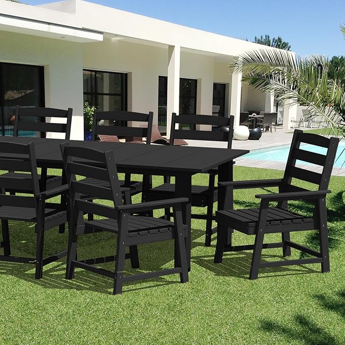 LOUNZY 7 Pieces Patio Dining Sets, 75.2'' Table Outdoor HDPE Furniture Set w/ 2" Hole Cut-Out Dining Table with 6 Patio Chairs for Lawn, Pool and Yard,Black