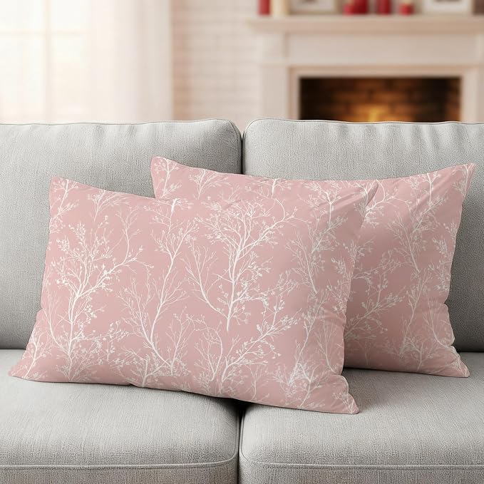 Pink Branches Waterproof Outdoor Pillow Covers Set of 2 Home Decor, Abstract Art Leaves Plant Lumbar Pillowcase Patio Pillow Covers for Couch Bench Patio Furniture Garden 20x12in