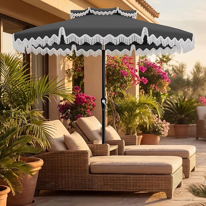 AreShark 9FT Patio Umbrella with Fringe, Wind-Resistant Fiberglass 8 Ribs Tassel Outdoor Umbrella with Crank and Push Button Tilt, Double Tier Vent Sun Shade for Pool, Deck, Backyard, Gray