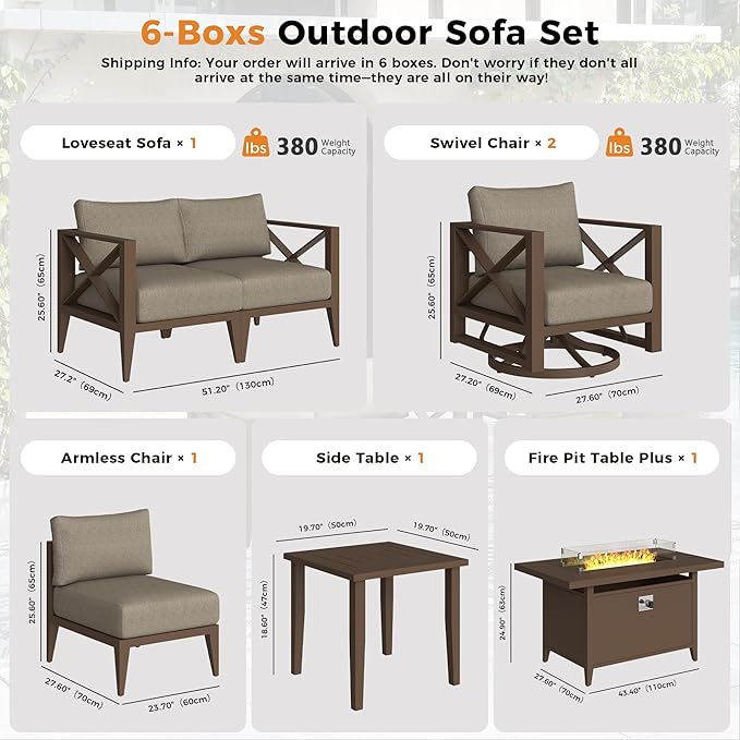 Aluminum 5-Seats Outdoor Patio Furniture Set with 43" Fire Pit Table, Sectional Conversation Sofa with 5.2" Thick Cushions & Swivel Rocking Chairs, Rust-Resistant Frame Sofa for Porch, Backyard, Brown