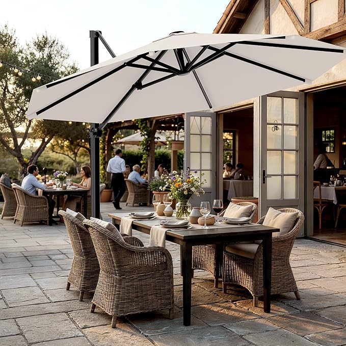 AreShark 11FT Round Cantilever Patio Umbrella with Base Included, 360° Rotation Offset Outdoor Umbrella, 5 Tilt Settings Heavy Duty Hanging Parasol for Deck Garden Pool, Cream White