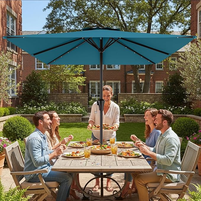 AreShark 8' X 10' Rectangular Patio Umbrella with Solar Lights, Lighted Solar Umbrella with Crank, Outdoor Table Umbrella for Garden, Deck, Backyard, Pool and Beach, Lake Blue