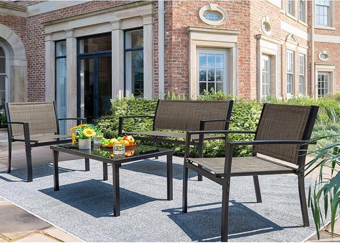 Devoko 4 Pieces Patio Furniture Set Outdoor Garden Patio Conversation Sets Poolside Lawn Chairs with Glass Coffee Table Porch Furniture (Brown)