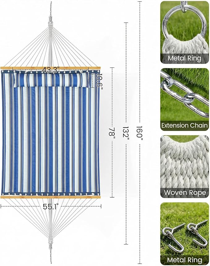 Double Quilted Outdoor Hammock for 2 Adults, 500lb Capacity Backyard & Camping Hammock with Pillow and Bamboo Spreader Bar, Fits 11–15ft Hammock Stands (Stand Not Included),Blue