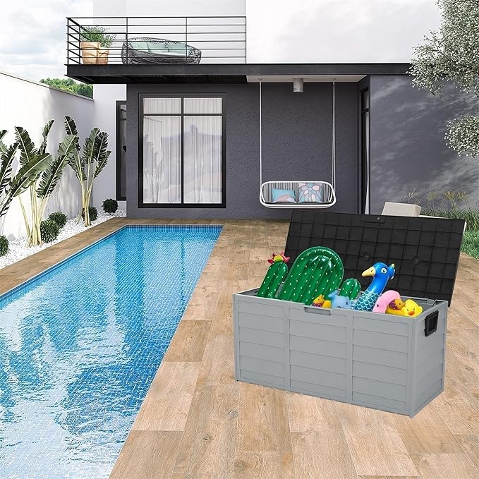 75 Gallon 260L Outdoor Deck Plastic Storage Box for Outdoor Pillows, Pool Toys, Garden Tools, Furniture and Sports Equipment | Water-Resistant | Grey | Lockable Seat