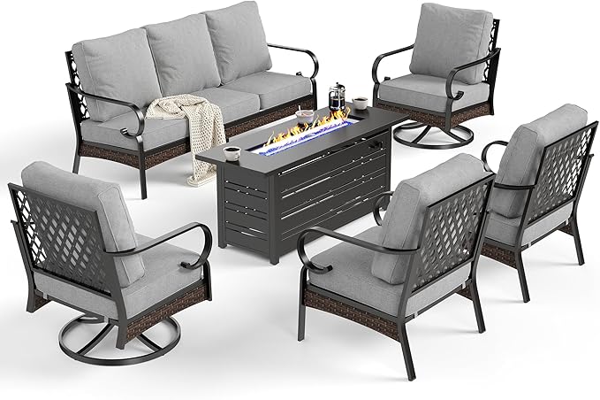 6 Piece Metal Outdoor Patio Furniture Set with Firepit Table, Patio Conversation Sets 1 3-Seater Chair, 2 Leg Sofa & 2 Swivel Chair with 5.75" Cushion for Backyard Deck, Light Gray