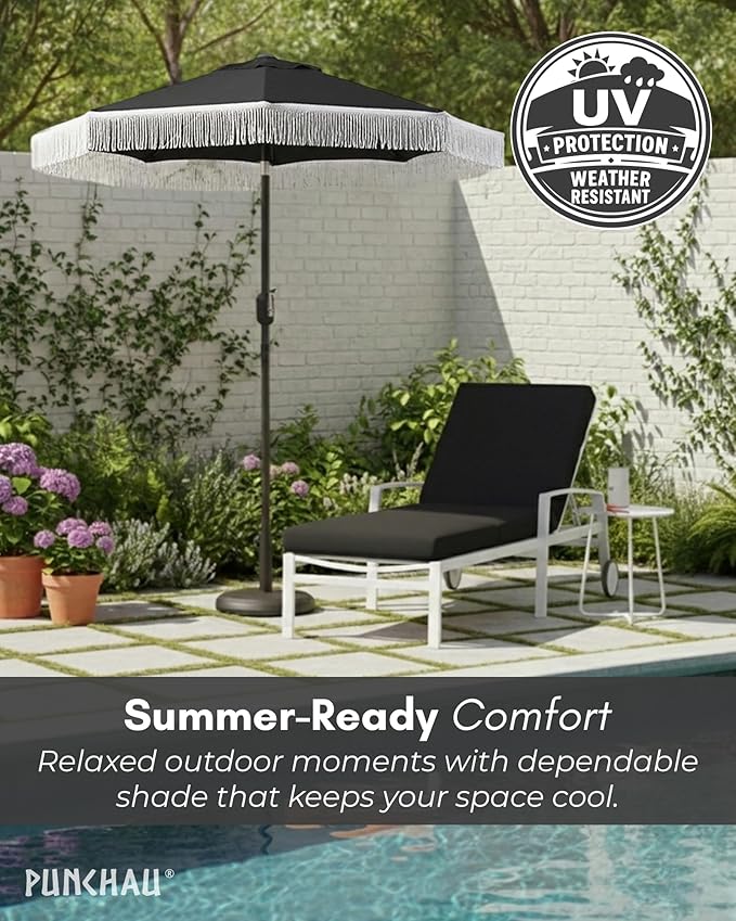 6 Ft Fringe Patio Umbrella - Outdoor Umbrella for Patio, Pool, Table, Garden, & Deck, Push Button Tilt Pole - Fashionable Vintage Tassels - White