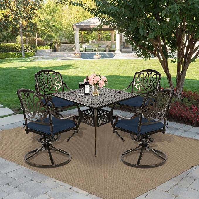 MEETWARM 5-Piece Outdoor Patio Dining Set, All-Weather Cast Aluminum Patio Conversation Set for Backyard Garden Deck with 4 Cushions Swivel Rocker Chairs and 35.4" Square Table, Navy Blue