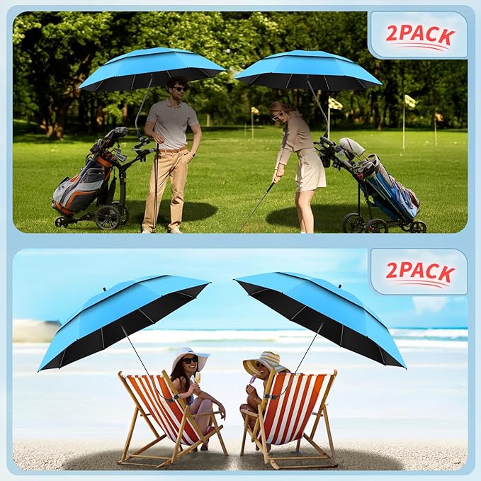 2 Pack 48.6" Double Canopy Umbrella with Clamp, UPF50+ Beach Chair Umbrella with clip, 360°Adjustable Portable Outdoor Shade, Patio Chairs, Golf Carts,Camping(Not Include Chair)