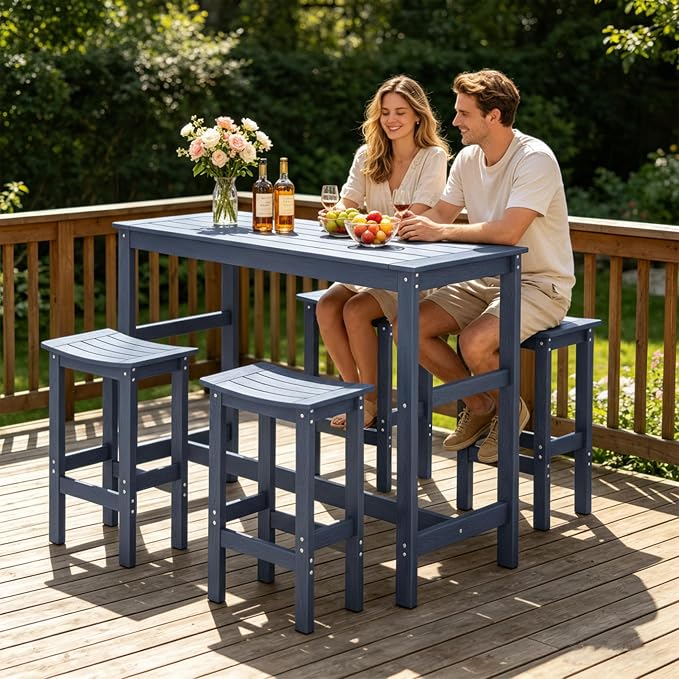 5Pcs HIPS Outdoor Bar Set, Weatherproof Patio Bar Table and Chairs Set for Outside, 55" Rectangular High Top Bar Table with 4 Bar Stools for Patio, Poolside, Balcony, Hot Tub, Blue