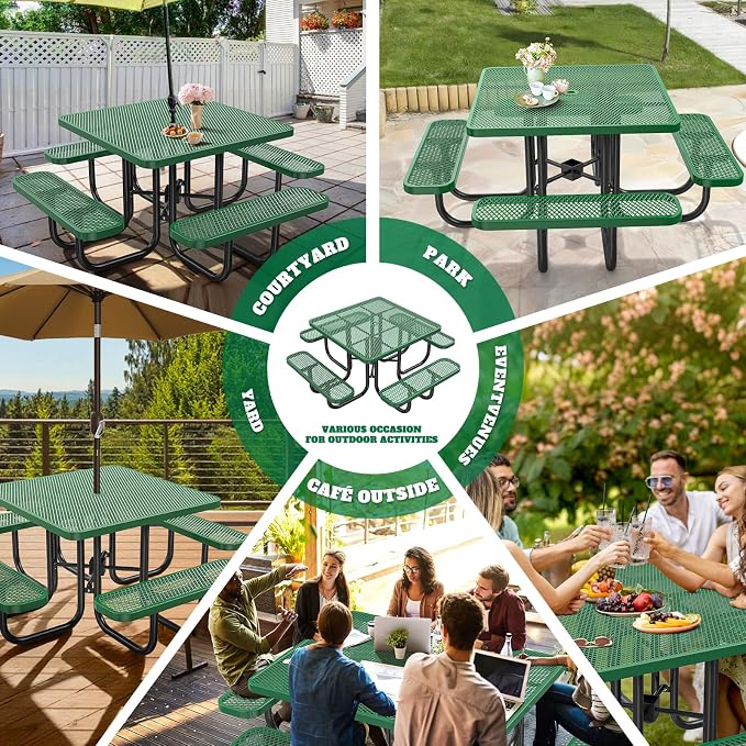 Ceridwen Heavy Duty Picnic Table with 4 Benches, Expanded Metal Steel Mesh Outdoor Patio Dining Table Bench Set with Umbrella Hole,Outdoor Patio Dining Table for Garden (Square, Green, 46FT)