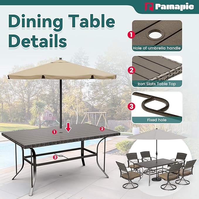 Pamapic 7-Piece Outdoor Dining Set with Table, Patio Furniture Includes 2 Swivel Chairs, 4 Wicker Chairs & Beige Removable Cushions, Weather Resistant Iron Frame for Backyard, Deck, Garden (Beige)