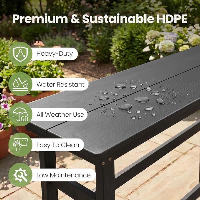 Outdoor Bar Height Table and Chairs Set, 3 Piece HDPE Outdoor High Top Table and Chairs, Reinforced Patio Pub Table with 2 Bar Stools, All Weather Bar Height Patio Set for Deck/Balcony, Black