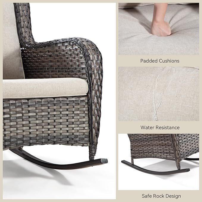Outdoor Wicker Rocking Patio Chairs Set of 2 and Matching Side Table - All-Weather 3 Piece Wicker Patio Bistro Sets Patio Rocker Chairs Alloy Steel Frame & Premium Fabric Cushion, Beige