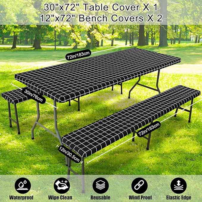 Smiry Picnic Table Cover with Bench Covers, Waterproof Elastic Fitted Tablecloth for 6 Foot Tables, Washable Polyester Tablecloths for Camping, Indoor & Outdoor (Black & White, 30x72 Inch 3-pc Set)