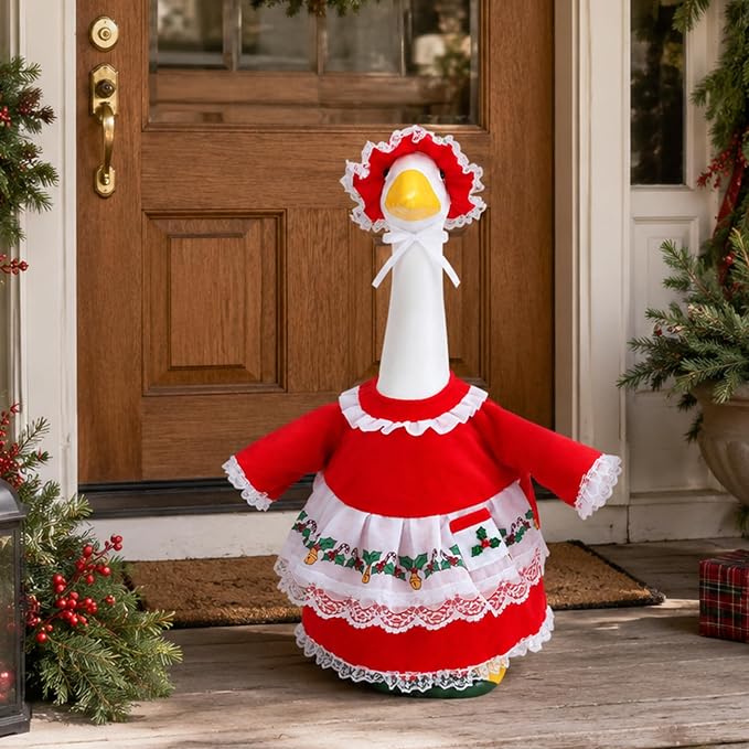 2 Pcs/Set Christmas Mrs. Claus Porch Goose Outfits, Lawn Goose Statue Mrs. Claus Costume, Red Green White Christmas Garden Goose Clothes Dress and Hat for 23" High Statue Xmas Holiday Patio Yard Decor