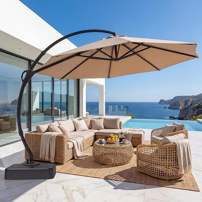 LAUSAINT HOME 12ft Patio Cantilever Umbrella with Base Included, Outdoor Curvy Round Offset Umbrella, Heavy Duty Aluminum, 360° Rotation for Pool, Deck, Lawn, Backyard (Upgraded Sunbrella Fabric Beige)
