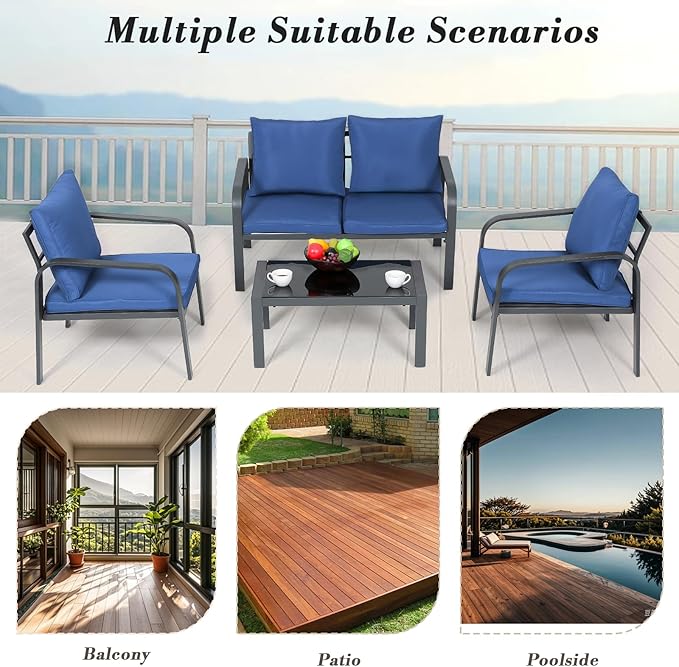 Athena Collection Patio Furniture Set 4 Pieces Outdoor Conversation Sets with Coffee Table & Cushions, All Weather Bistro Chairs Set for Balcony, Lawn, Garden, Poolside, Blue