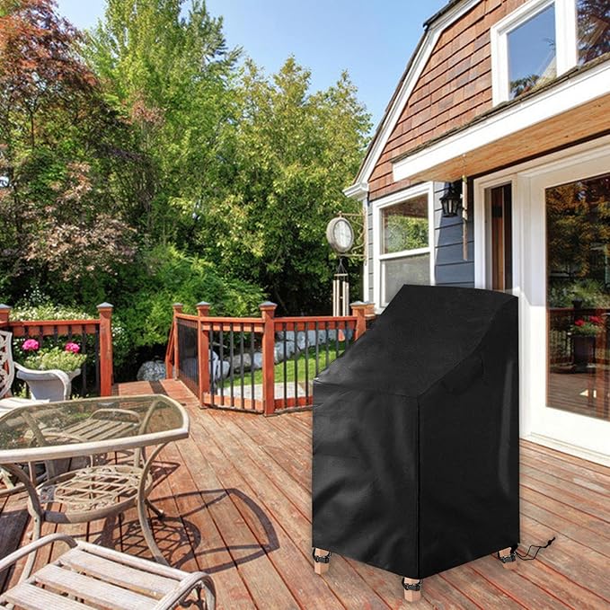 Outdoor Stackable Patio Chair Covers with 4 buckles and 1 drawstring, Waterproof Outdoor Chair Cover, Stacking Chair Covers Garden Chairs Cover Fit for Stackable Dining Chairs(Black, 2PCS)