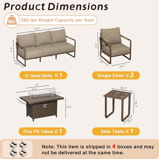 5-Seat Aluminum Patio Conversation Set, Modern Outdoor Sofa with Oversized Fire Pit Table (Glass Wind Guard), 6.5" Thick Cushions, All-Weather for Balcony, Garden (Brown)