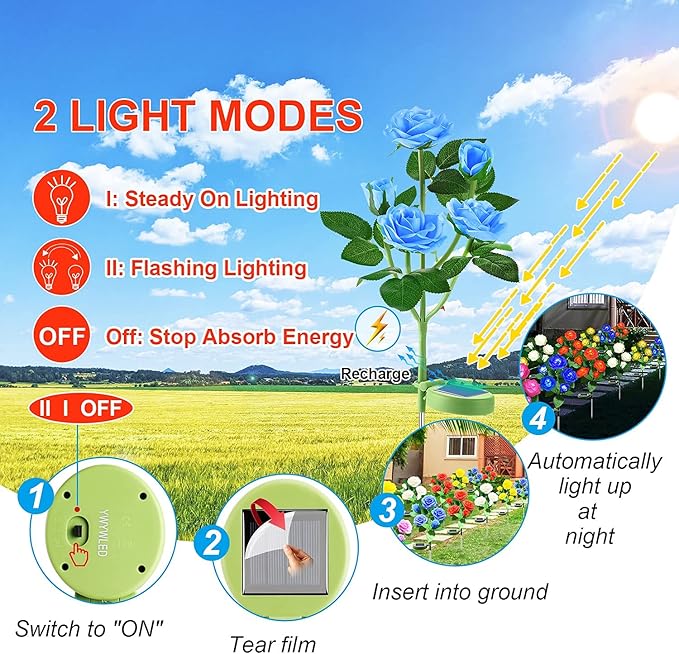 Solar Flower Lights Outdoor - Upgraded New Material Two Modes Realistic LED Solar Powered Waterproof Lights with 5 Roses, Solar Decorative Stake Lights for Garden (Blue, 4 Pack)