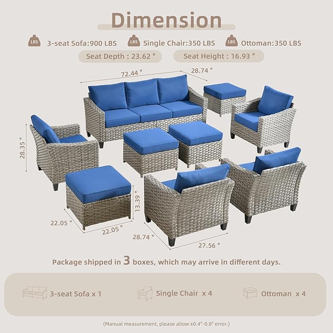 Patio Furniture Set, 7 Pieces Outdoor Wicker Rattan Sofa Couch with 4 Chairs, Ottomans and Comfy Cushions, All Weather High Back Conversation Set Garden Backyard, Brown Rattan Blue Cushions